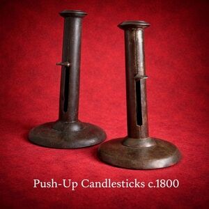 Rare Early American Push-Up Candlesticks Hand Forged Iron Pair c.1800 Set